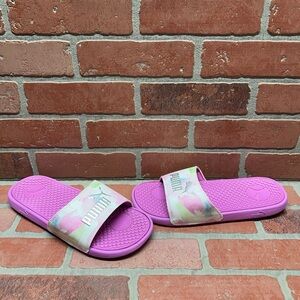 PUMA 'Cool Cat' Pink Brush Camo/Purple Slide Sandals Women's Size 9